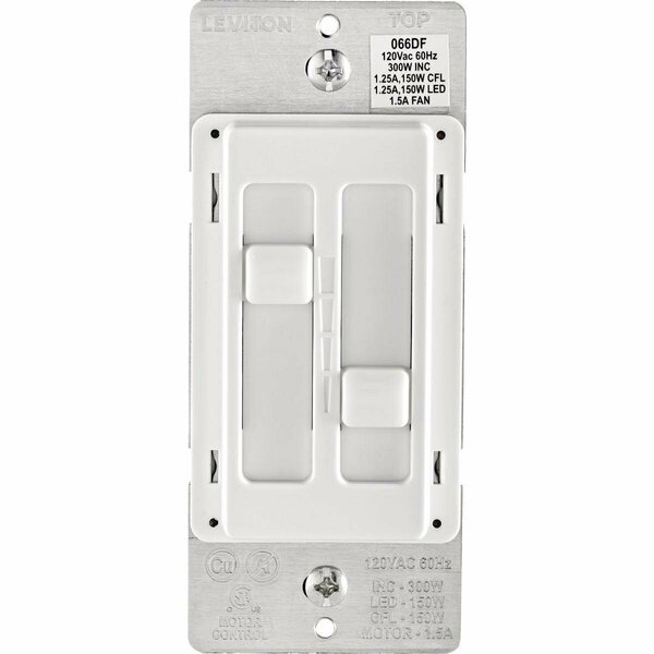 Leviton Decora SureSlide Fan & Incandescent/LED/CFL Light White Slide Dimmer Switch R02-066DF-00W